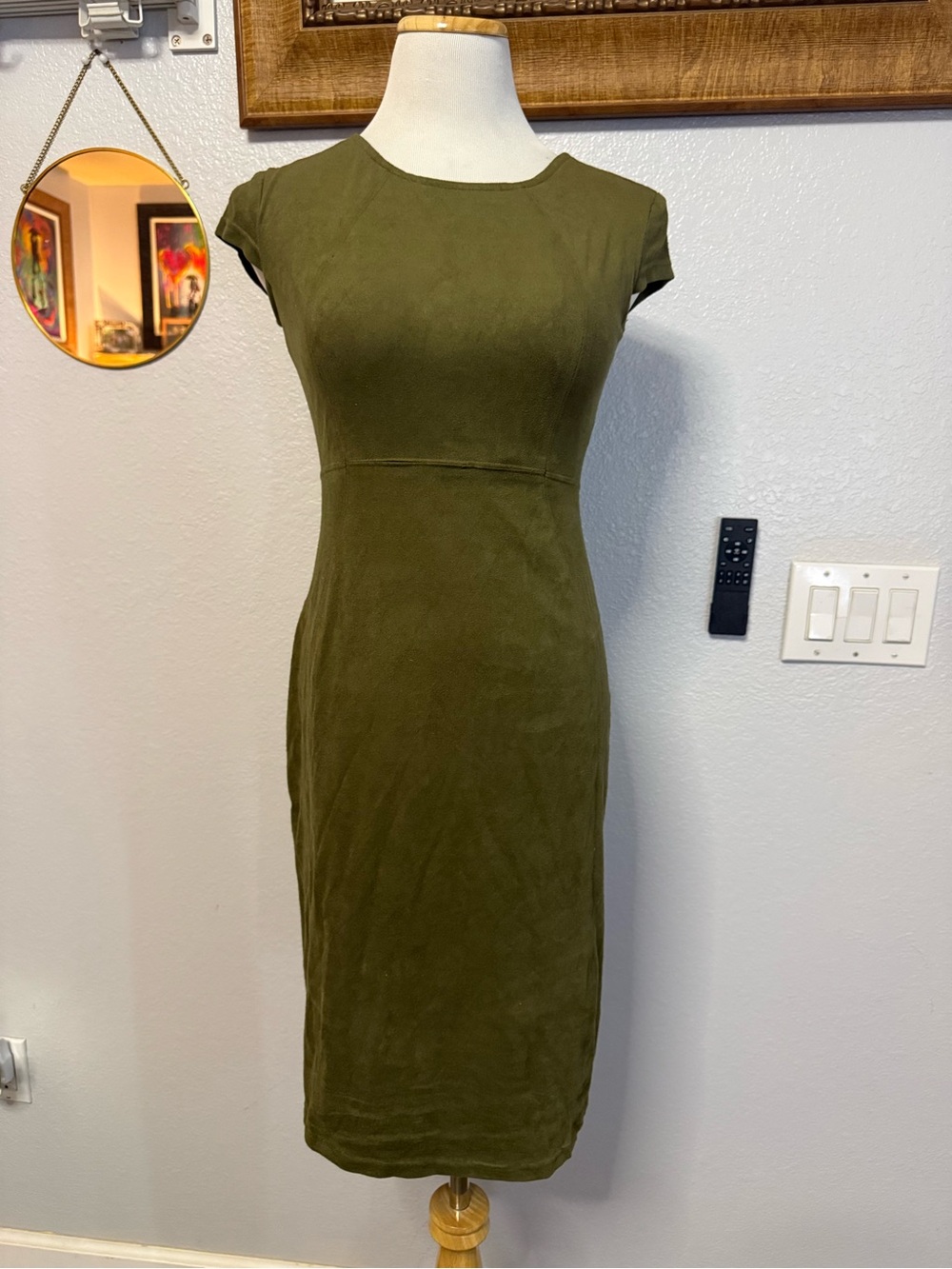 479-Cato Olive Green Cap Sleeve Midi Sheath Dress